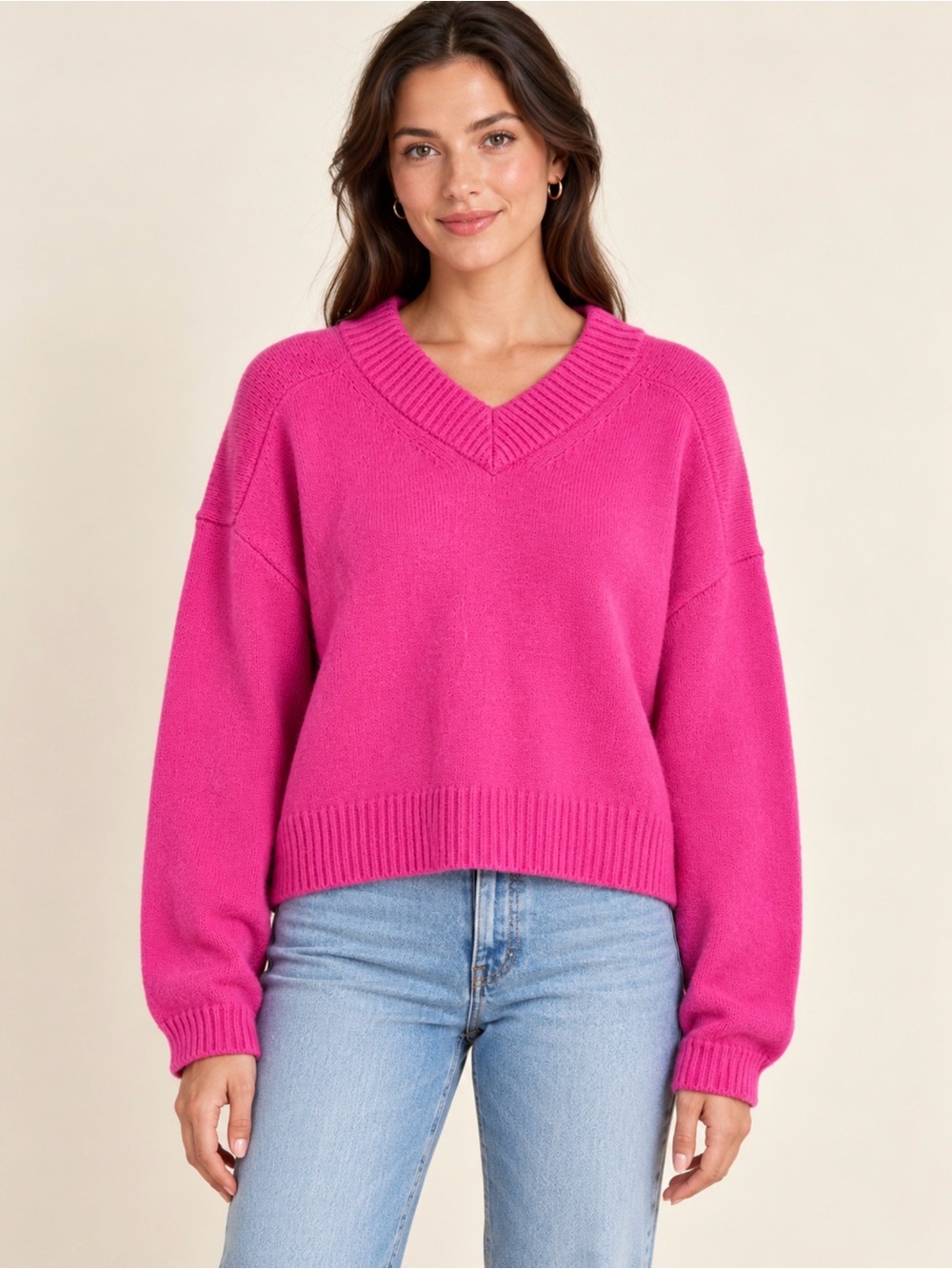GAP V Neck Pullover Sweater in Bright Pink petite m